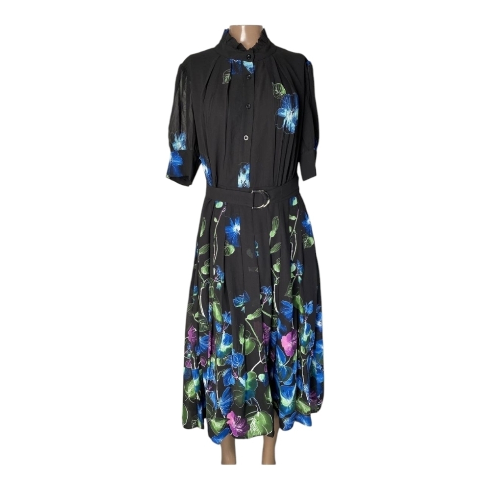 Gracia Womens Maxi Dress Black Size L Blue Purple Floral Belted Fit & Flare - Picture 4 of 13